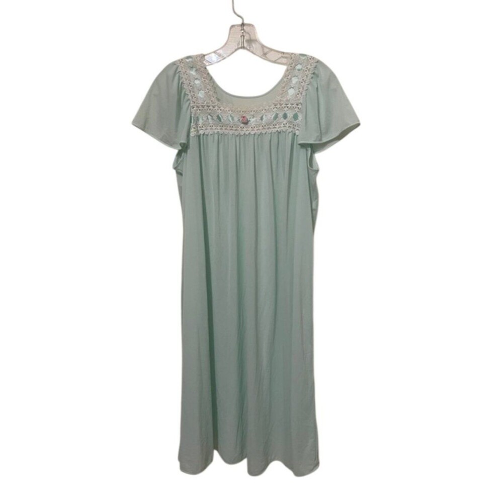 VTG Shadowline Nightgown Small Green Flutter Sleeve Lace Rosette Made in USA